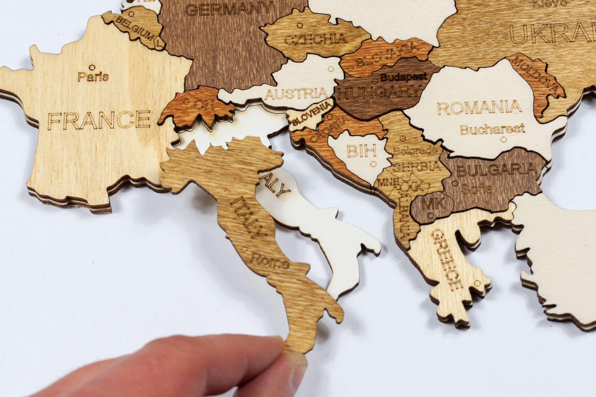 Puzzle Map of France With Cities of Wood, Engraved Map of the